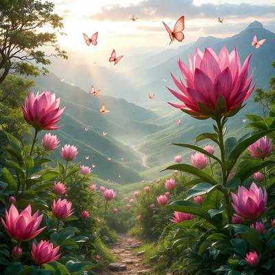 The primary subject of the image is a path surrounded by flowers and butterflies. The setting is a lush green hillside with a mountain in the background. The visual style is a combination of photo and digital art, creating a vibrant and colorful scene. The dominant colors are pink and purple, with the flowers and butterflies adding a sense of warmth and tranquility to the image.